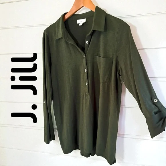 J.Jill-Gorgeous olive blouse. Super soft, roll tab sleeve. Size medium. Like new - Picture 6 of 11